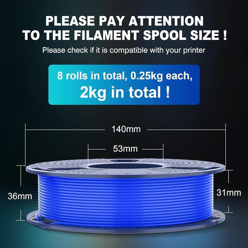 Sunlu 250g PLA Filament 1.75mm Bundle,3D Printer Filament Bundle Multicolor, Neatly Wound PLA Filament, Individually Vacuum Packed,250g Spool,8 Rolls,Black+White+Grey+Transparent+Red+Blue+Orange+Green - Image 3